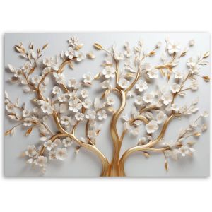Tableau Décoration Murale 3D Fleur - 90x60 cm  - Motif floral - Peinture sur toile - arbre doré à fleurs blanches 2 - Feeby