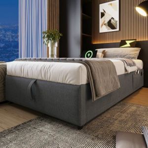 Lit simple 90x190 cm avec USB-C - lit coffre avec sommier à lattes toute la surface - coton - gris