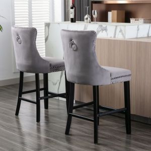 Chaise capitonn&eacute; de salle &agrave; manger design avec pieds en boistabouret de barvelours lot de 2 (gris)