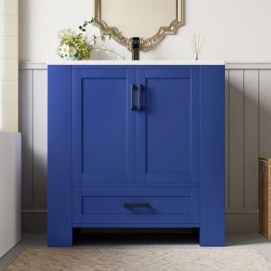 Armoire Salle De Bain 76x46x78.5cm-Meuble Vasque Int&eacute;gr&eacute;e C&eacute;ramique 2 Portes Tiroirs Silencieux &Eacute;tag&egrave;res Bleu Laqu&eacute;