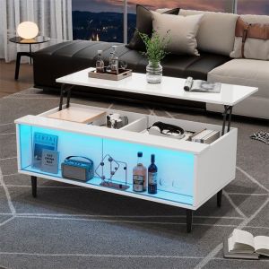 Table Basse Rectangulaire Blanc Laqué Table Basse Relevable et Extensible Rangement Plateau Verre Trempé avec LED 105x50x43 cm