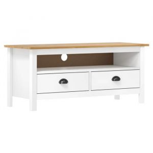 Meuble TV en bois massif - VIDAXL - 110x40x47 cm - Blanc et marron miel - Bois de pin massif - 2 tiroirs