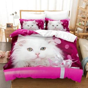 Parure de Lit Chat Imprimé Motif 220x240cm Mignon Chat Housse de Couette avec 2 Taies doreiller 3D Animal Imprimé Literie