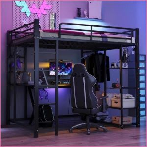 Lit mezzanine en m&eacute;tal - 140x200 cm avec escalier bureau et rangements &ndash; Noir