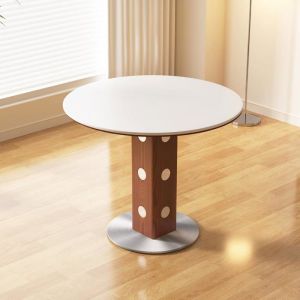 Table &agrave; manger ronde moderne 90 cm plateau pierre fritt&eacute;e structure bois-m&eacute;tal pour cuisine ou salon &ndash; Blanc
