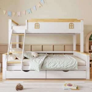 Lit superposé enfant 90/140x200cm Lit adulte Lit simple en bois avec 2 tiroirs échelle balustrade et sommier à lattes - blanc