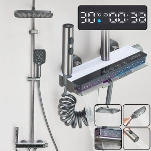 Colonne de Douche avec Affichage Num&eacute;rique LED Syst&egrave;me de Douche &agrave; Effet Pluie avec Douchette &agrave; Main et Robinet en Cascade (Gris)