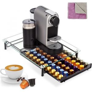 Porte Capsule de Caf&eacute; - Nespresso Compatible - Capacit&eacute; 60 Capsules - Tiroir de Rangement avec Pr&eacute;sentoir en Verre pour [14]