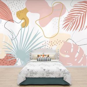 papier peint Pastel rose et bleu forme abstraite et feuilles papier peint Tropical pour chambre denfants 3D mur d&eacute;cor 350x250cm