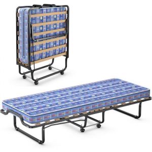 COSTWAY Lit d'Appoint Pliable sur Roulettes - 80 x 200 CM - Lit Pliant - Matelas en Mousse 10 CM - 15 Lattes de Lit en Bois - Bleu