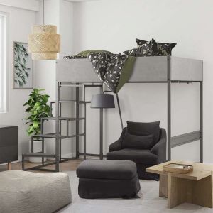 Lit mezzanine avec sommier et escalier en tissu gris métal finition epoxy grise et mélamine grise - couchage 140x190 cm - DOCKLAND