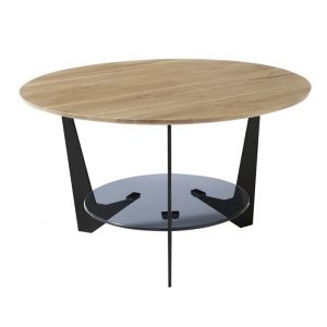 Table basse ronde en bois coloris ch&ecirc;ne verre et m&eacute;tal laqu&eacute; coloris noir mat - diam&egrave;tre 70 x profondeur 40 cm