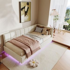 Lit Coffre dAngle 90x200cm - Lit Banquette avec Rangement Éclairage LED et Port USB - Canapé-lit Rembourré