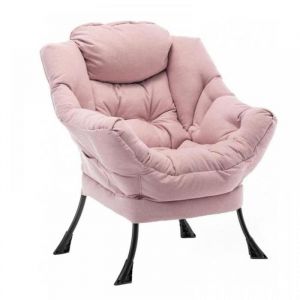 Fauteuil Salon Fauteuil Relax avec Oreiller et Poche Lat&eacute;rale Chaise Chambre Confortable pour Lecture Cadre en M&eacute;tal Rose
