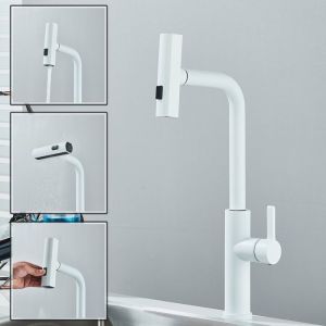 Blanc Robinet de Cuisine avec Douchette Extractible Mitigeur Robinet Évier de Cuisine avec Rotatif à 360° Acier Inoxydable 3 modes