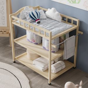 Commode à Langer en Pin non verni pour Bébé Meuble à Langer- Table à Langer avec 3 étagères 91 x 60 x 88.5 cm Chambre