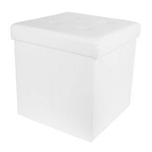 Pouf Coffre Pliable Carr&eacute; Simili Cuir Blanc Capitonn&eacute; - RONNY