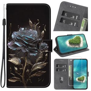 Verre trempé+Etui pour Samsung Galaxy S21 Ultra 5G 6.8 Fentes Cartes Housse Antichoc Cuir PU Portefeuille Etui -Rose noire SJTX