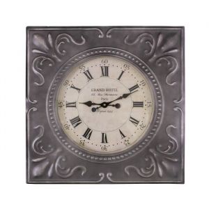Horloge vintage carr&eacute;e 60 cm en m&eacute;tal gris
