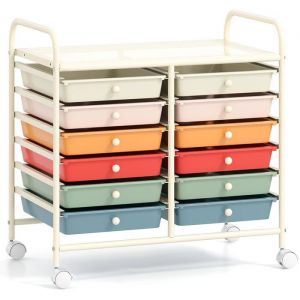 Tour de Rangement COSTWAY-12 Tiroirs Amovibles-Chariot Auxiliaire avec Roues Bloquantes et Poign&eacute;es-Cadre en M&eacute;tal-Color&eacute;