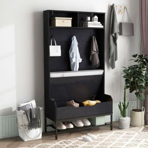 GOPLUS 170CM Porte-Manteau 4 en 1 avec CoussinCompartimentsBanc à ChaussureCrochetsPortant à Vêtements-Noir