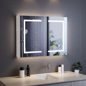 Armoire de salle de bain - 80x60 cm - Miroir LED 3 couleurs - 2 portes - 3 &eacute;tag&egrave;res