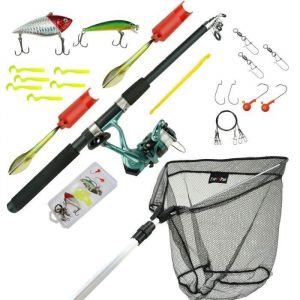 Ensemble de Canne à Pêche Tout-en-Un FisXpro - 210m - Moulinet avec Nylon - Epuisette 40x40 - Support de Canne