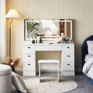 TUKAILAI Coiffeuse blanche avec station de recharge miroir et tabouret rembourr&eacute; Grand bureau de maquillage