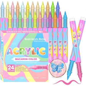 Feutre Acrylique Brush Marker – Set de 24 Couleurs Pastel Macaron Marqueur Peinture Acrylique à Pointe Pinceau pour Coloriage