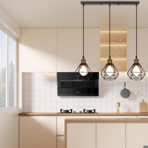 WOTTES 3 Lampes Suspension Luminaire Industrielle M&eacute;tal Barre Lustre Plafonnier Style Cage Noir Lampe Vintage pour Chambre