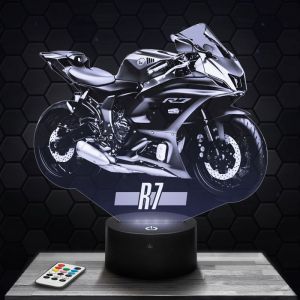 Lampe 3D - Moto Yamaha R7 - Jouet Miniature Cadeau Moto Yamaha R7 - Veilleuse Led Tactile avec socle au choix et t&eacute;l&eacute;commande