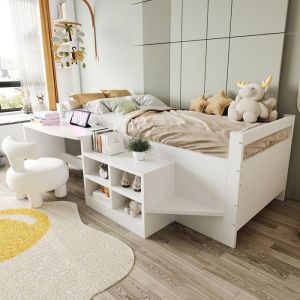 Lit enfant 90×200 cm combiné blanc en bois avec rangement bureau lit simple