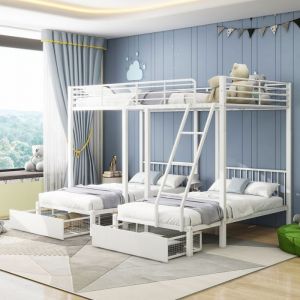Lit Superposé Triple 140x200+2x90x200cm - Métal Blanc - Transformable En 1 Double/2 Simples - Tiroirs - Sans Matelas
