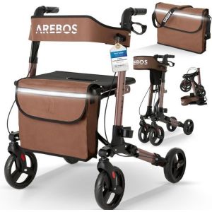 AREBOS Déambulateur Marron 4 Roues  Déambulateur Pliable/Rollator  Assise et dossier/max. 136 kg  avec Sac à Provisions