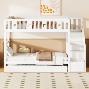 Lit Superpose Enfant 90x200cm avec Escalier de Rangement Lit Mezzanine en Bois Massif Lit Gigogne 90x190 cm Blanc Sommier