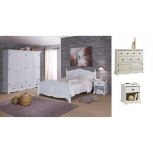 Chambre Complète - Blanc - Lit 140x190 - Armoire 4 Portes - Commode 2 Portes - Chevets