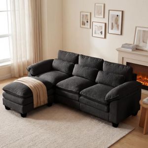 Canap&eacute; dangle 226*76*88cm coussins doubles canap&eacute; en L avec pouf r&eacute;versible convertible  canap&eacute; en velours Teddy 3 places Noir