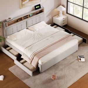 lit coffre 160x200 4 tiroirs lit double t&ecirc;te de lit r&eacute;glable structure bois massif ports USB-CMatelas inclus