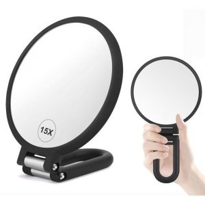 Miroir Grossissant 15x - 12cm Miroir à Main avec poignée - Pliable -15x/1x Miroir Double Face pour la Main la Table et Le Voyage