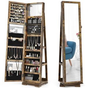 COSTWAY Armoire à Bijoux Pivotante à 360 Degrés avec Grand Miroir Psyché et Etagère de Rangement à L’Arrière Brun rustique