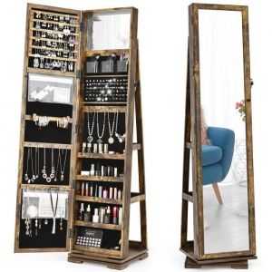 COSTWAY Armoire à Bijoux Pivotante à 360 Degrés, avec Grand Miroir Psyché et Etagère de Rangement à L’Arrière Brun rustique