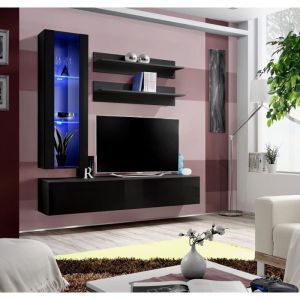 Meuble TV mural suspendu FLY H2 noir - Price Factory - Banc TV avec 3 compartiments et colonne vitrée avec LED