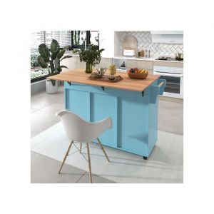 SogesHome Desserte De Cuisine - Billot De Cuisine 129x71x915cm - Plateau Bois Pliable Portes de Rangement