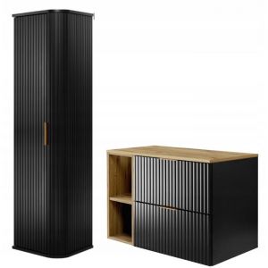 Ensemble de Meubles de Salle de Bain FLOW - Meuble pour Vasque à Poser et Armoire Murale - avec plan de travail et étagère - Noir