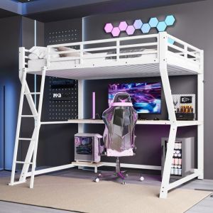 Lit mezzanine lit enfant 90x200 cm Lit loft Lit simple en fer avec bande LED bureau ports USB et sommier lattes - Blanc