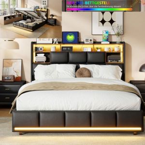 Lit double 140x200 cm  NMONET LED USB Hydraulique tissu en PU cadre de lit 140x200 cm lit coffre 140x200 cm noir
