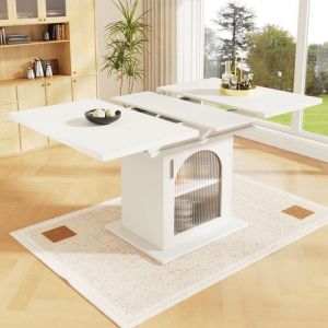 Table à Manger Extensible - Table Salle à Manger avec Espace de Rangement et Portes en Verre Pour Cuisine 110-140x80x76cm - Blanc