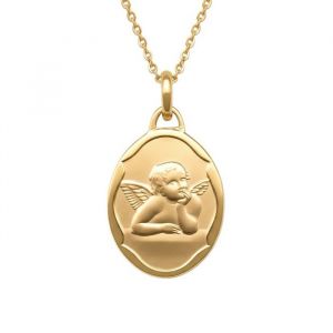 Collier - Enfant/B&eacute;b&eacute; - M&eacute;daille - Ovale - Ange - Pensif - Bapt&ecirc;me - Plaqu&eacute; Or Jaune 750/1000 - 45 cm - For&ccedil;at