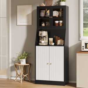 Buffet Cuisine Armoire de Cuisine avec porte vitr&eacute;e et &eacute;clairage LED vaisselier meuble de rangement pour salle &agrave; manger noir