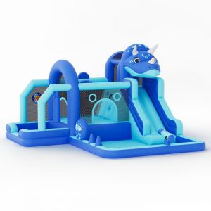 Ch&acirc;teau Gonflable DINOSAURE G&eacute;ant 382x375x254 cm - Avec Toboggan + Souffleur Inclus - Pour Jardin & Int&eacute;rieur -Bleu